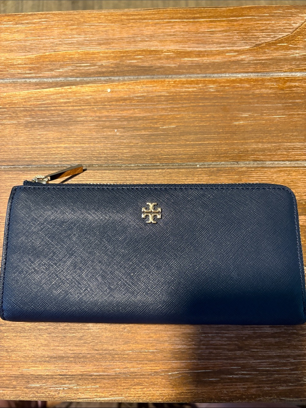 Tory Burch Navy Zip-Around Saffiano Leather Wallet with Gold Logo